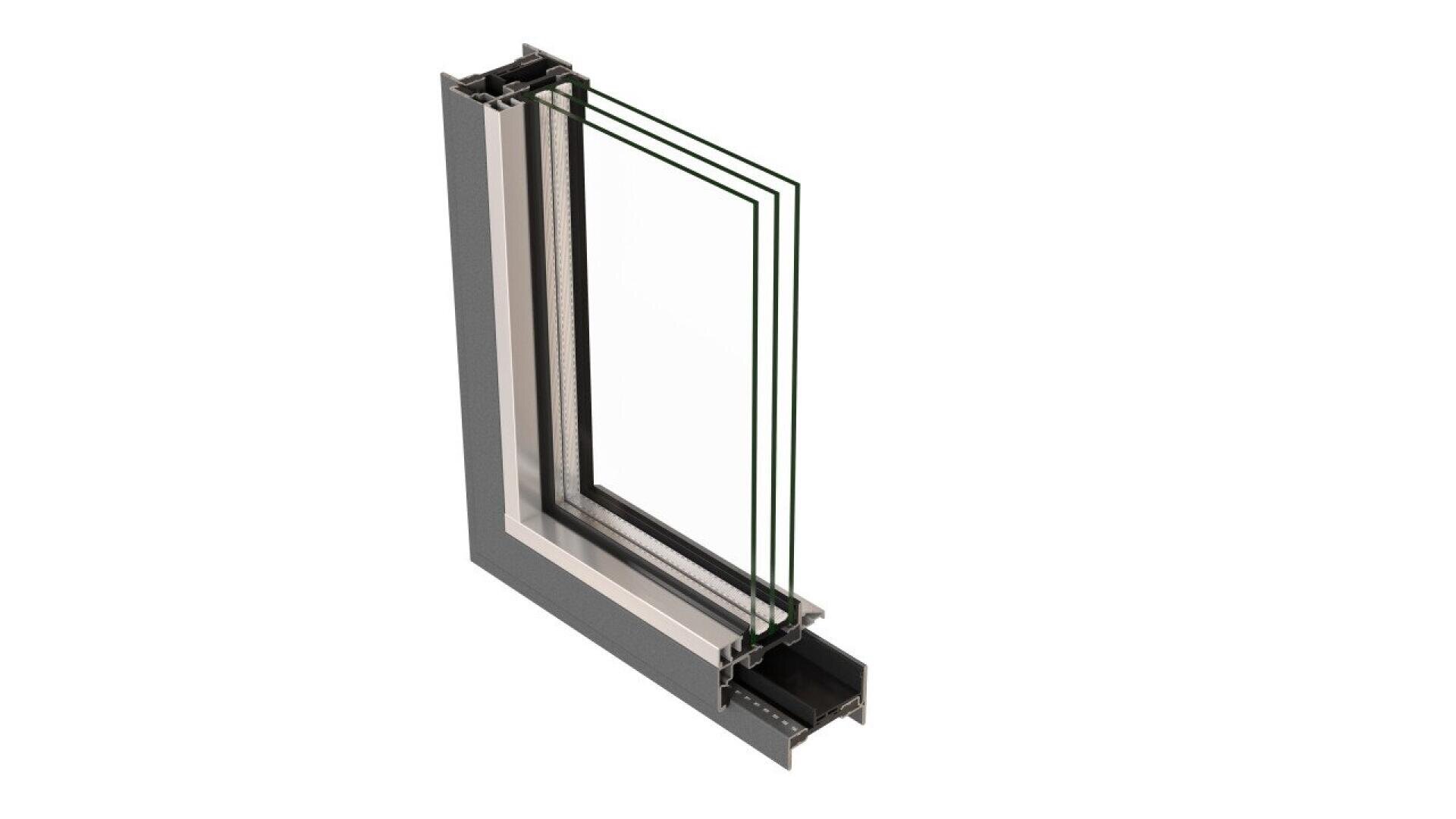 Coupe transversale d'un châssis de fenêtre moderne avec triple vitrage, montrant l'encadrement en aluminium et les couches d'isolation, isolée sur fond blanc.
