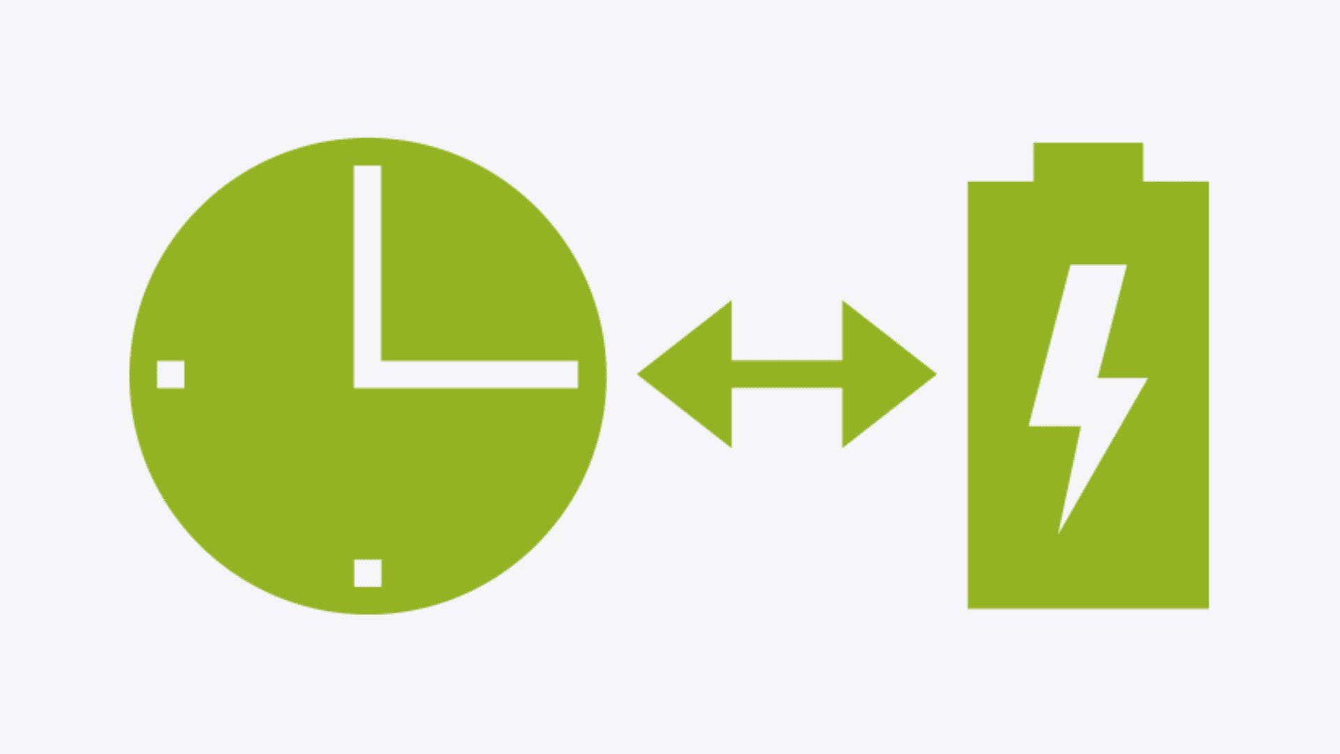 Eine grüne Uhr und eine grüne Batterie mit einem Blitz sind abgebildet, getrennt durch einen doppelseitigen Pfeil, der Zeit und Energie oder Batterielebensdauer symbolisiert.