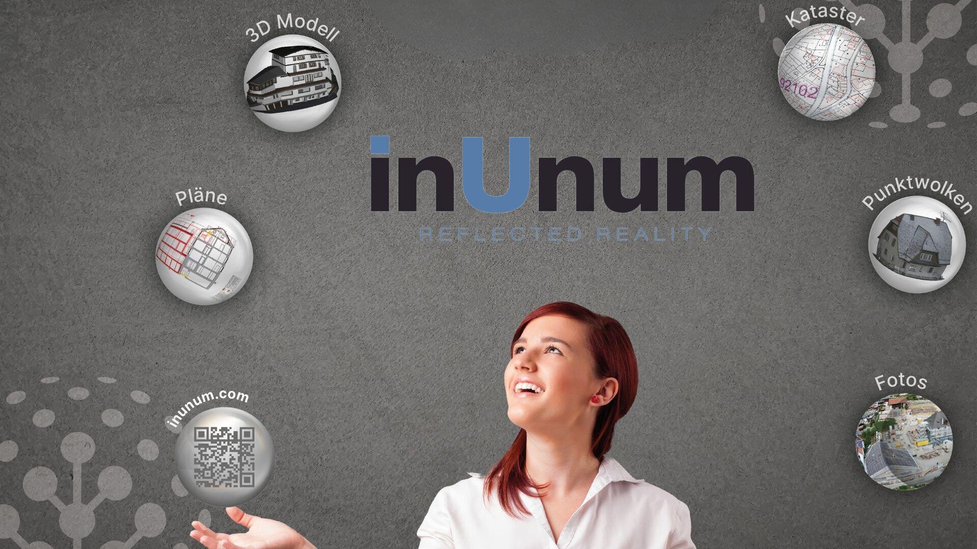 Une femme souriante se tient sous le logo inUnum Reflected Reality, entouré d'icônes circulaires étiquetées pour 3D Modell, Pläne, QR code, Kataster, Punktwolken, et Fotos sur un fond gris.