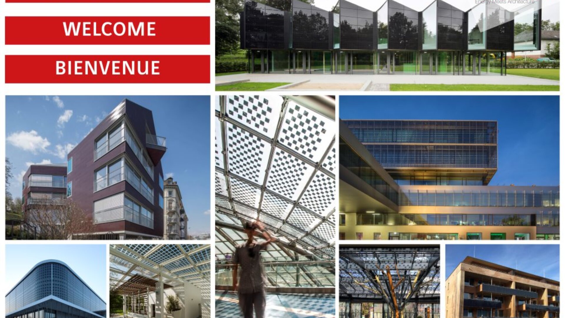 Collage de bâtiments modernes aux façades de verre et aux motifs géométriques, avec des bannières rouges indiquant WELCOME et BIENVENUE. Au centre de l'image, une personne se tient sous une lucarne.