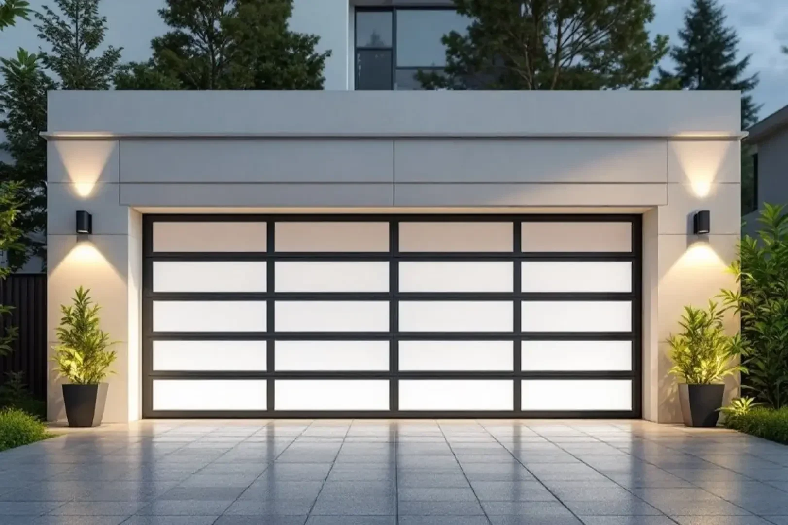 Moderne Garage mit einem großen, schwarz umrahmten Milchglastor, beleuchtet von zwei Wandleuchten und umgeben von Topfpflanzen auf einer gefliesten Einfahrt. Im Hintergrund sind Bäume und ein Teil eines Gebäudes zu sehen.