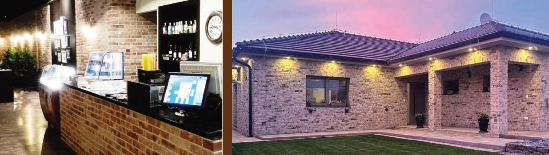 Ein geteiltes Bild, das links einen gemütlichen, gemauerten Café-Tresen mit Computer und Getränken und rechts ein modernes Backsteinhaus mit Außenbeleuchtung und Rasen bei Sonnenuntergang zeigt.