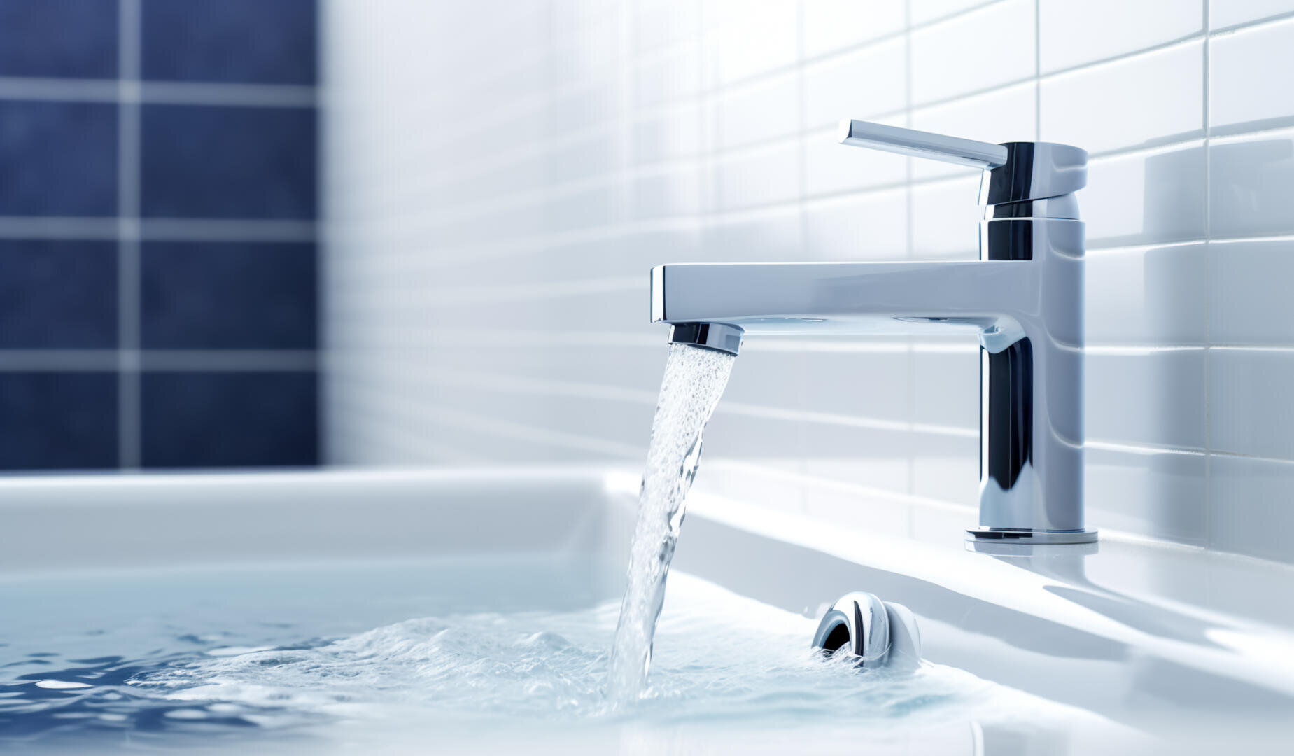 Ein moderner verchromter Wasserhahn füllt eine weiße Badewanne mit Wasser. Der Hintergrund besteht aus weißen und blauen Kacheln, die ein sauberes und minimalistisches Badezimmerbild schaffen.