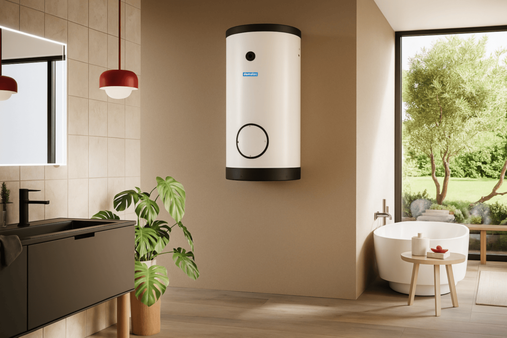 Ein modernes Badezimmer mit einem an der Wand montierten Warmwasserbereiter, einem dunklen Waschtisch, einer Topfpflanze, einer runden Badewanne, einem großen Fenster mit Blick auf den Garten und einem minimalistischen Dekor.