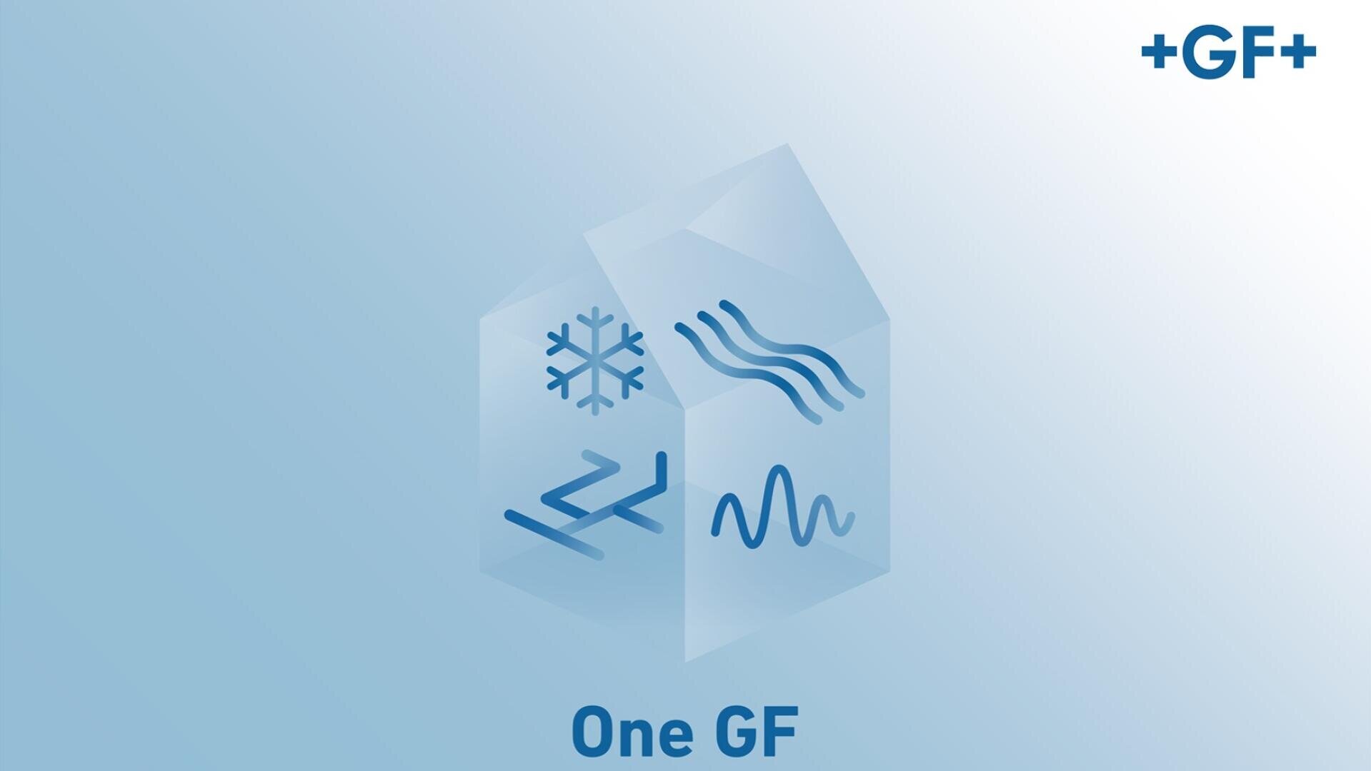 Eine blaue geometrische Form mit Symbolen für eine Schneeflocke, Wellen, Zickzack und eine Wellenform, die verschiedene Elemente symbolisieren. Das Logo +GF+ erscheint in der oberen rechten Ecke. Am unteren Rand steht ein GF geschrieben.