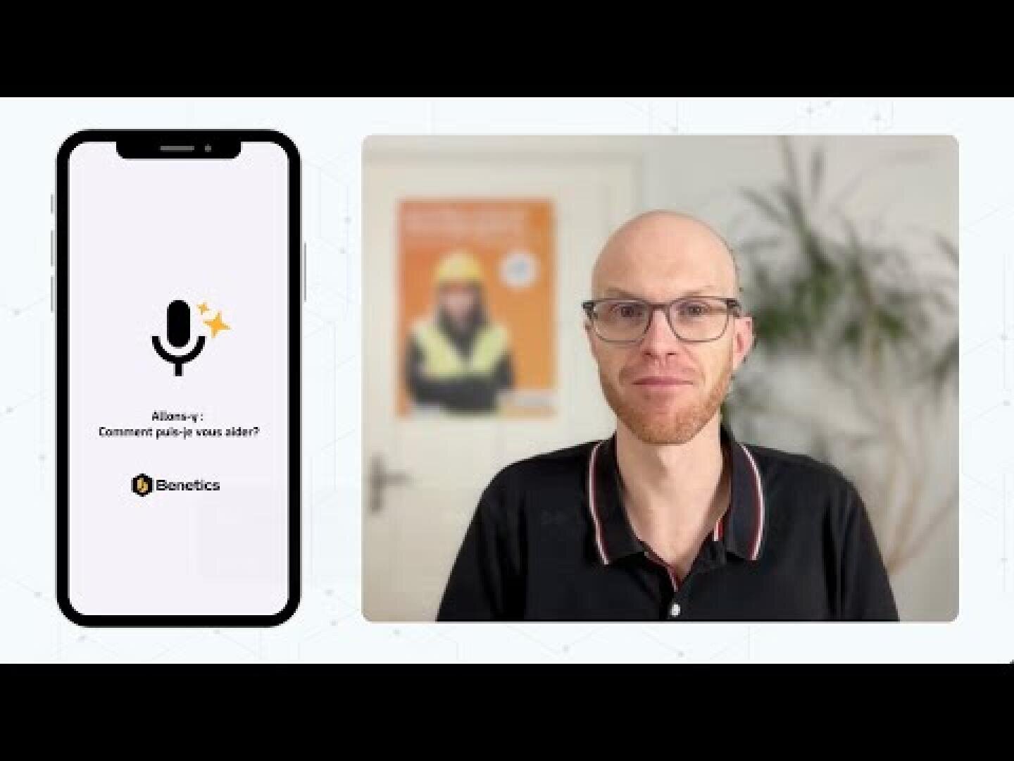 Un homme avec des lunettes et une chemise noire sourit à la caméra. À côté de lui, l'écran d'un smartphone affiche une icône de microphone et un texte en français qui dit : Alarm : How did you sleep ? avec le logo de Bonetics en dessous.