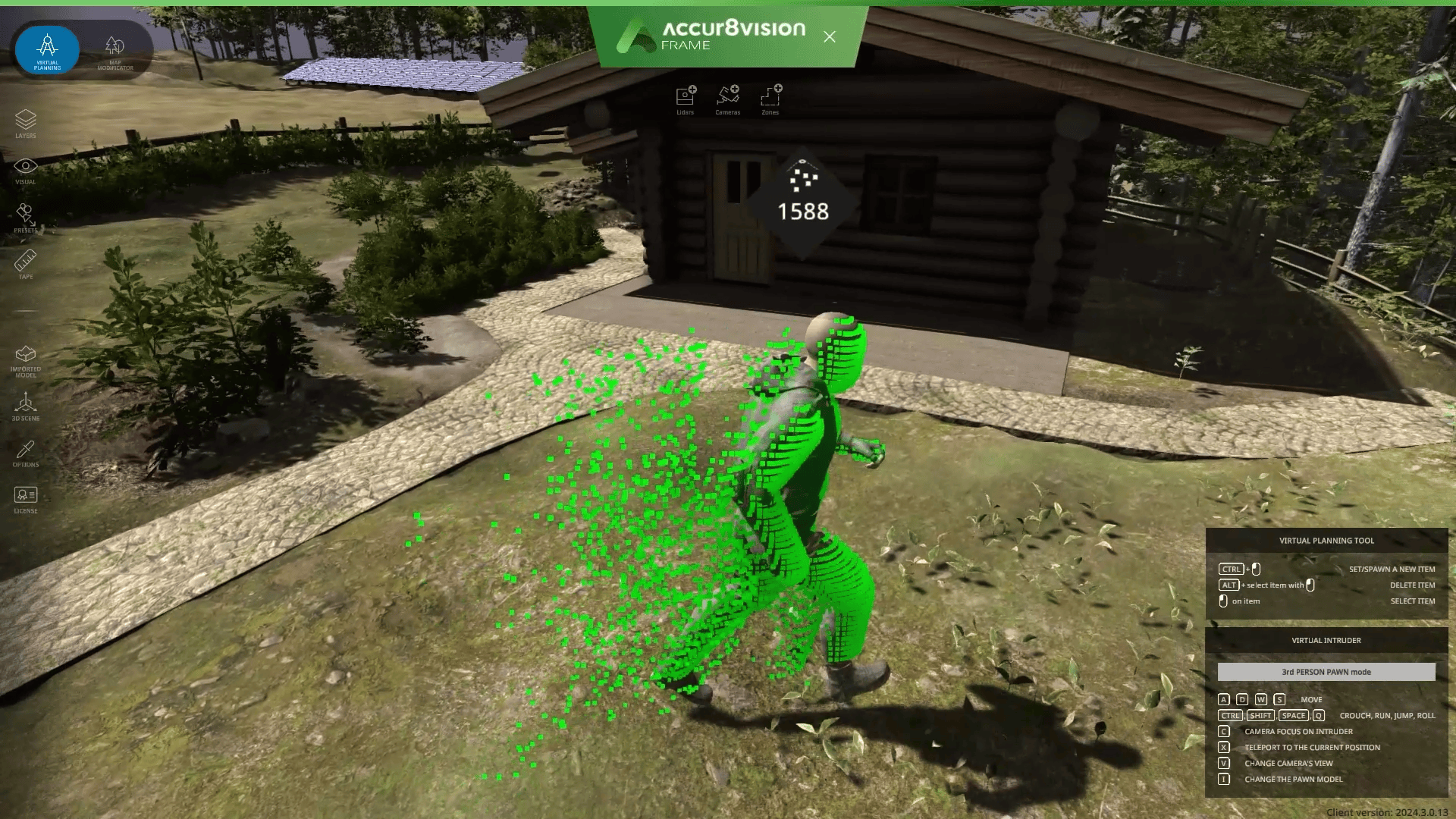 Eine Computersimulation zeigt eine grüne menschliche Figur, die vor einer Blockhütte geht und eine Spur aus verstreuten grünen Partikeln hinter sich lässt. Die Simulationsdaten und -einstellungen sind auf dem Bildschirm sichtbar.