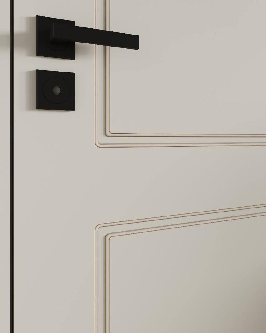 Eine Nahaufnahme einer modernen weißen Tür mit minimalistischen, geometrischen Verzierungen und einem eleganten schwarzen Griff und Schloss. Die Linien auf der Tür verleihen ihr einen subtilen dekorativen Touch.