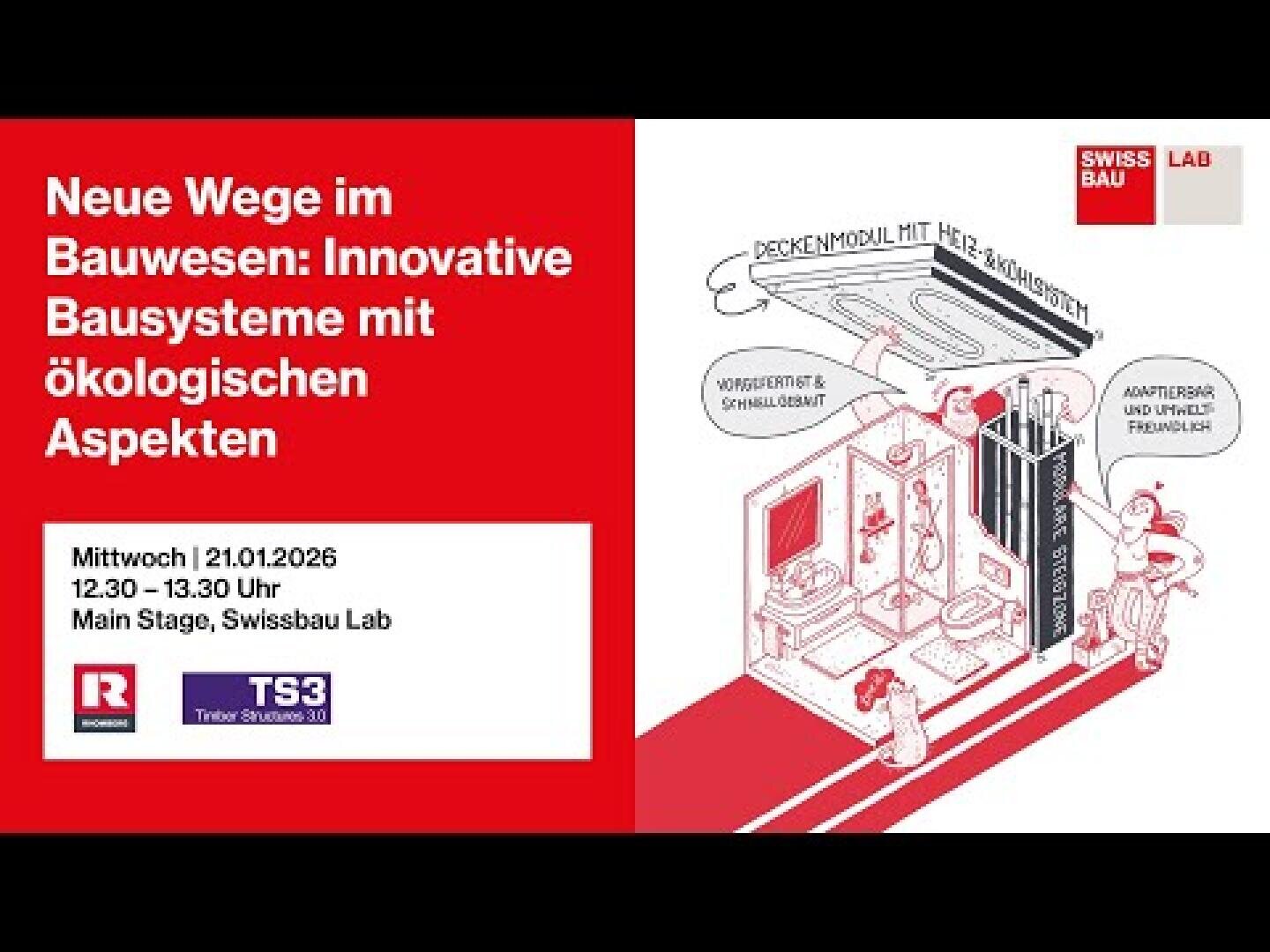 Rot-weißes Veranstaltungsplakat in deutscher Sprache mit der Aufschrift "Neue Wege im Bauwesen: Innovative Bausysteme mit ökologischen Aspekten" mit Veranstaltungshinweisen, Logos und einer Strichzeichnung von Menschen, die mit Bausystemen interagieren.