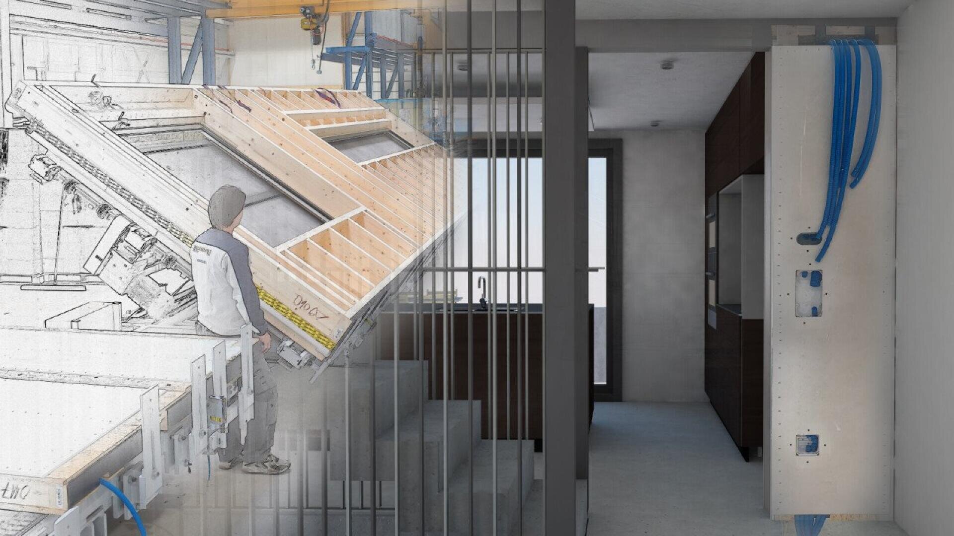 Une image composite montre une personne en train d'assembler un panneau mural en bois, superposé à un intérieur moderne, partiellement fini, avec des câbles visibles, des escaliers et une grande fenêtre au bout d'un couloir.