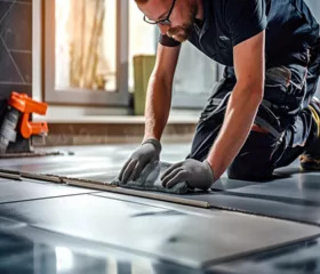 Une personne portant des gants est agenouillée et pose de grands carreaux de sol dans un intérieur, en les ajustant et en les alignant soigneusement. Des outils et une fenêtre sont visibles à l'arrière-plan.