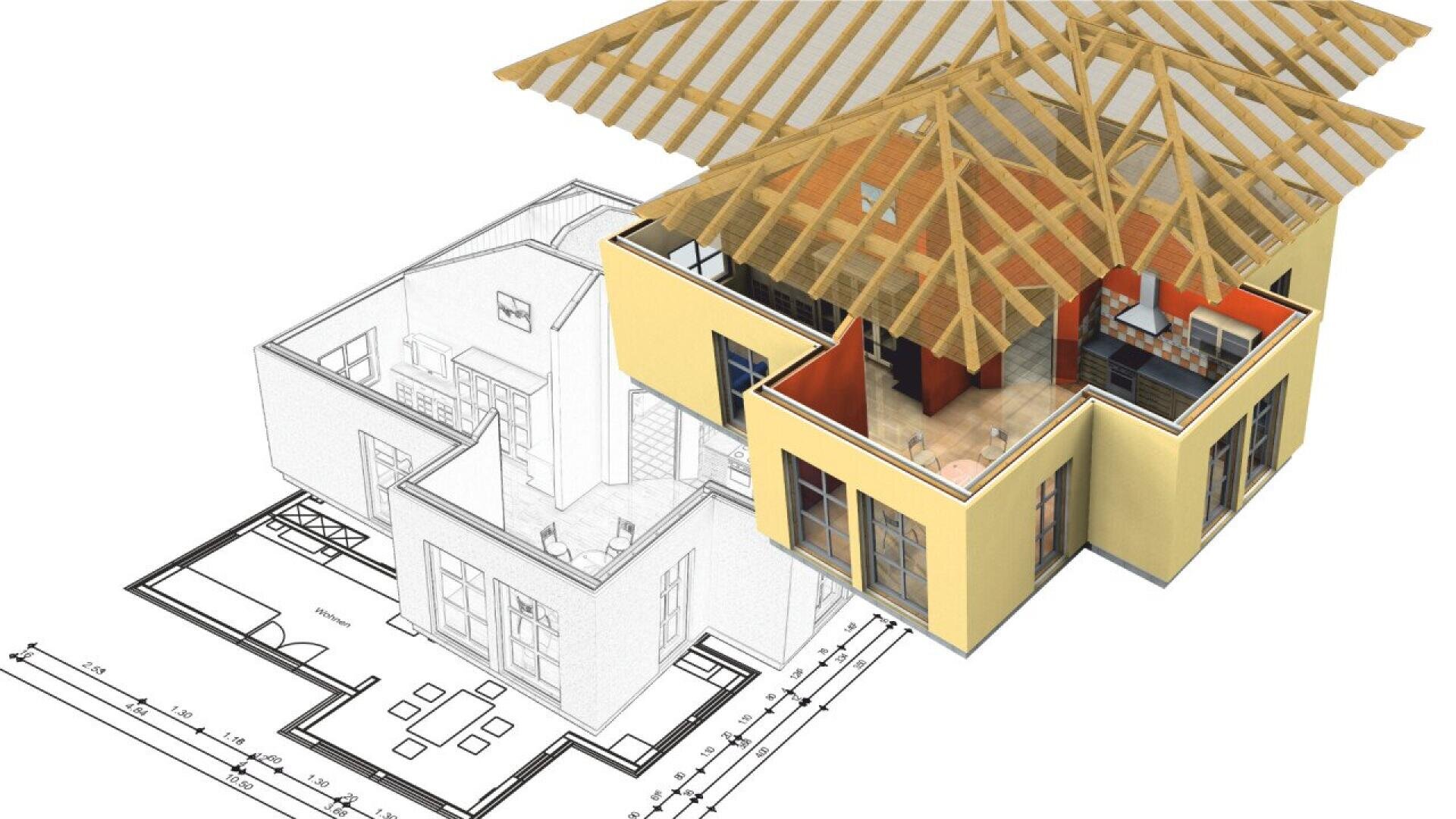 Rendu 3D d'une maison partiellement construite sur un plan d'étage, montrant à la fois des dessins architecturaux et des pièces intérieures détaillées avec une charpente de toit visible.