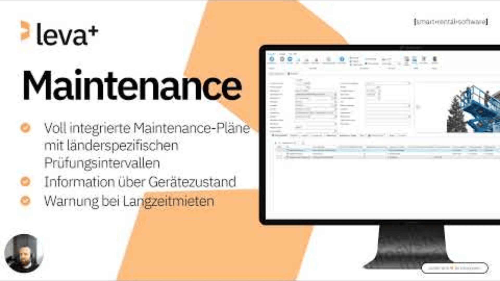 Werbung für die Leva+ Wartungssoftware in deutscher Sprache, die einen Computerbildschirm mit der Benutzeroberfläche, eine Liste von Vorteilen wie integrierte Wartungspläne, Informationen zum Gerätestatus und Warnungen vor Langzeitmiete zeigt, mit orangefarbenem und weißem Hintergrund.