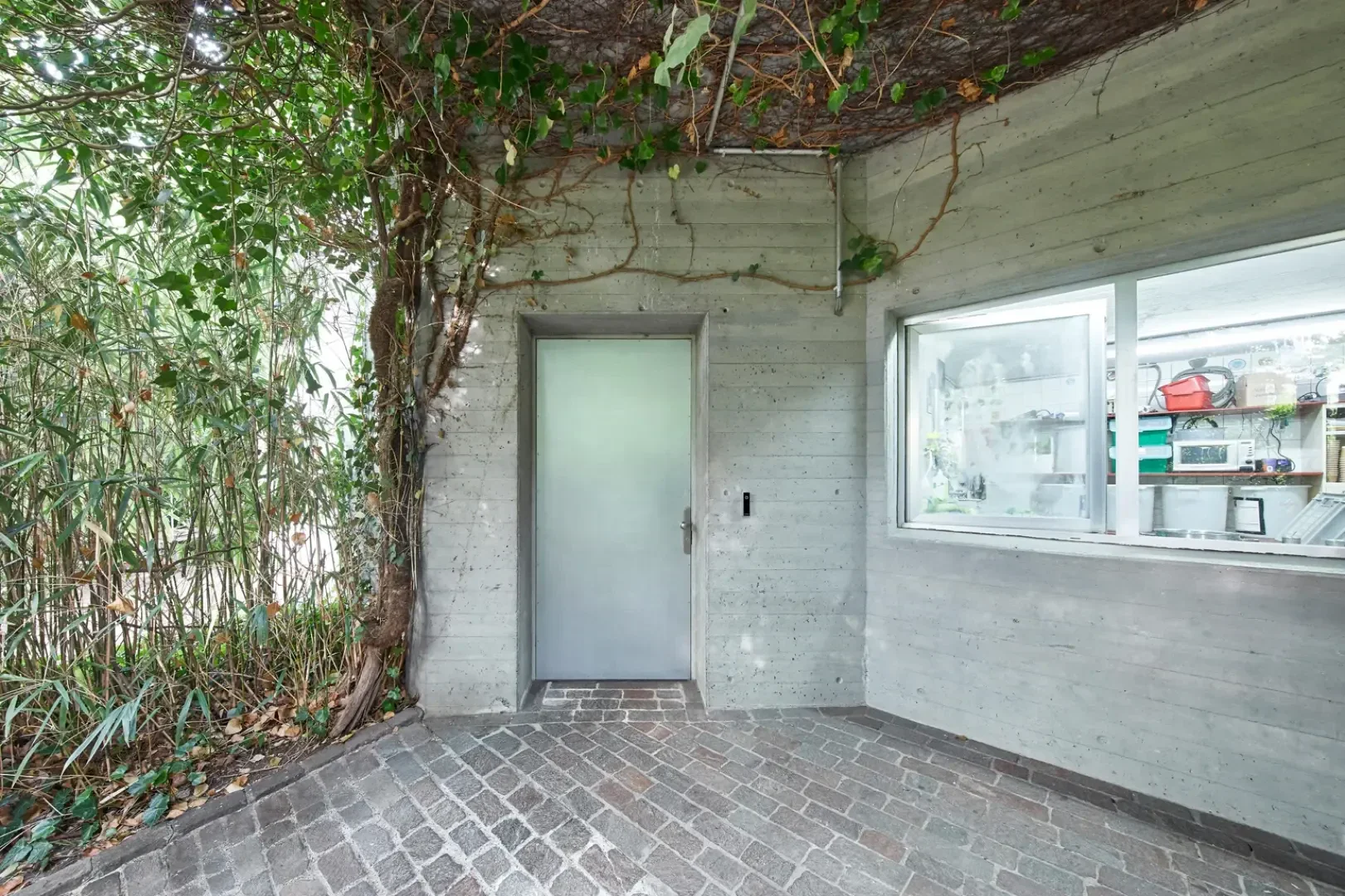 Eine graue Metalltür und ein großes Fenster in einer Betonwand, umgeben von grünen Ranken und Pflanzen. Im Inneren des Fensters sind verschiedene Werkzeuge und Geräte in Regalen zu sehen. Der Boden ist mit grauen Ziegeln gepflastert.