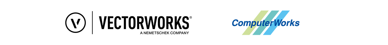 Logos von Vectorworks, mit einem kreisförmigen Emblem mit einem V und dem Schriftzug VECTORWORKS A NEMETSCHEK COMPANY, und ComputerWorks, mit blauen und grünen Diagonalstreifen und dem Namen in blauer Schrift.