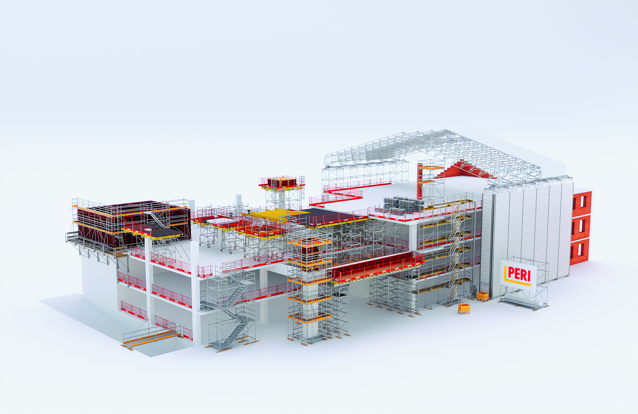 Ein digitales 3D-Rendering eines im Bau befindlichen mehrst&ouml;ckigen Geb&auml;udes mit umfangreichen Ger&uuml;sten, Treppen und Plattformen. Das Bauwerk ist mit einem "PERI"-Schild gekennzeichnet und verwendet verschiedene Baumaterialien und Sicherheitsbarrieren.
