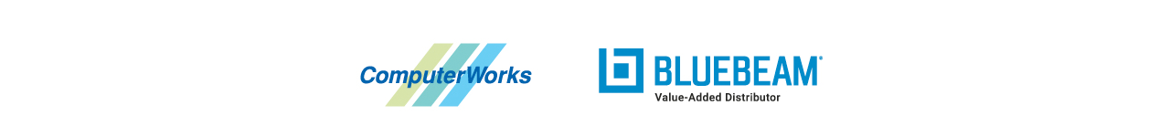 Zwei Logos nebeneinander: ComputerWorks mit drei diagonalen Streifen und Bluebeam mit einem blauen Quadrat und der Aufschrift BLUEBEAM Value-Added Distributor auf weißem Hintergrund.