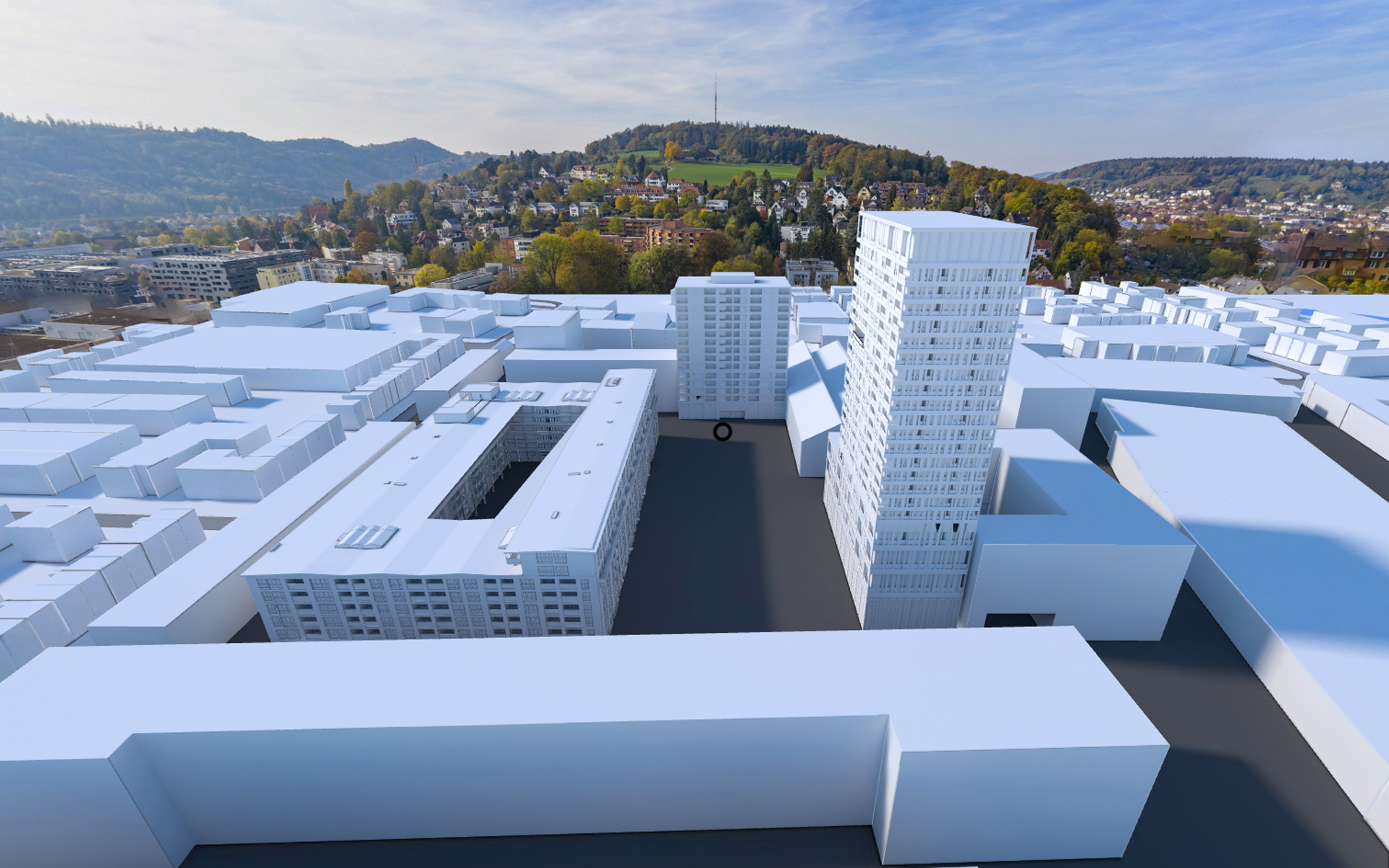 Nicht nur einzelne Geb&auml;ude, sondern ganze Areale lassen sich mit VR visualisieren &ndash; bis hin zur Aussicht und dem Schattenwurf. (Screenshot: Hegias)