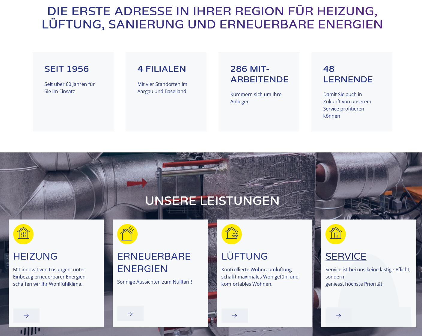 Screenshot einer deutschsprachigen Unternehmenswebsite über Heizung, Lüftung und erneuerbare Energien. Die Überschriften verweisen auf Erfahrung seit 1956, vier Niederlassungen, 286 Mitarbeiter, 48 Auszubildende und Abschnitte für Dienstleistungen wie Heizung, erneuerbare Energien, Lüftung und Wartung.