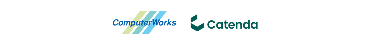 Logos von ComputerWorks und Catenda nebeneinander. ComputerWorks hat blauen Text mit diagonalen Streifen in Grün und Blau; Catenda hat grünen Text mit einem geometrischen, schachbrettartigen Symbol.