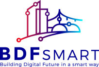 Le logo de BDF Smart représente des bâtiments stylisés, un dôme et un pont aux lignes circulaires. Le texte ci-dessous indique : BDF Smart. Façonner l'avenir numérique intelligemment.