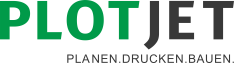 Logo avec les mots PLOTJET en gros caractères gras, PLOT en vert et JET en noir. En dessous, en plus petit, on peut lire « PLAN.PRINT.BUILD » en lettres majuscules noires.
