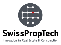 Logo composé d'une grille de points blancs reliés par des lignes grises, dont un point central est rouge. Sous le graphique, le texte indique : Innovation dans l'immobilier et la construction.