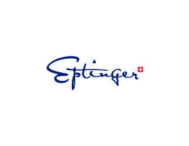 L'image montre le mot Eptinger écrit en bleu et un petit carré rouge avec une croix blanche, qui rappelle le drapeau suisse, en haut à droite du texte.