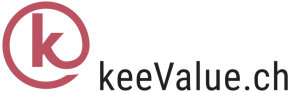 Logo avec un k minuscule stylisé dans un cercle rouge, avec le texte keeValue.ch en lettres minuscules noires à sa droite.