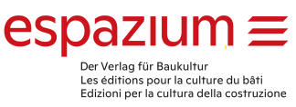 Das Logo von espazium in großer roter Schrift mit drei roten Linien rechts daneben. Darunter steht in deutscher, französischer und italienischer Sprache: "Der Verlag für Baukultur".