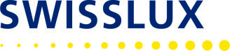 Le logo SWISSLUX présente un texte majuscule bleu en gras SWISSLUX au-dessus d'une ligne de petits et grands points jaunes sur un fond blanc.