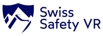 Logo pour Swiss Safety VR représentant des sommets de montagnes bleus stylisés dans un bouclier à gauche, avec le texte Swiss Safety VR en bleu à droite.