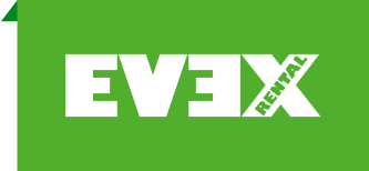 Un logo rectangulaire vert avec le mot EVEX en lettres blanches grasses ; le dernier E est réfléchi et le mot RENTAL apparaît en diagonale sur le X.
