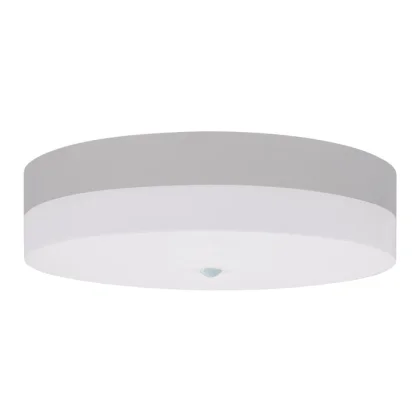 Eine runde, moderne Deckenleuchte mit einem glatten, weißen Diffusor und einem grauen Außenrand. Die Leuchte hat ein minimalistisches Design und wird bündig in die Decke eingebaut.