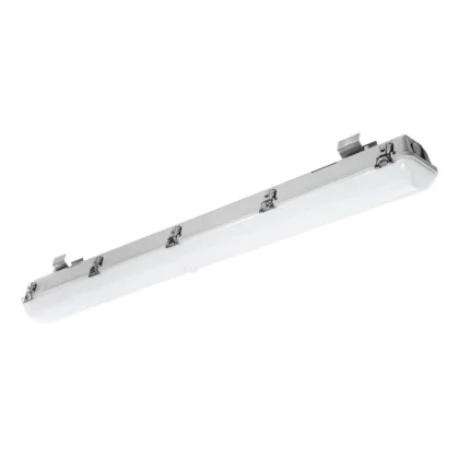 Eine lange, rechteckige LED-Leuchte mit weißem Diffusor und Metallklammern an den Seiten, für die Decken- oder Wandmontage.