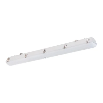 Eine weiße, rechteckige LED-Gebrauchsleuchte mit Metallklammern an den Seiten, die für die Decken- oder Wandmontage vorgesehen ist.