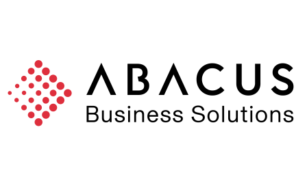 Logo pour Abacus Business Solutions avec des points rouges disposés en losange sur le côté gauche et le nom de l'entreprise en caractères noirs et modernes sur le côté droit.