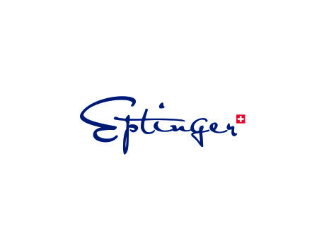 L'image montre le mot Eptinger écrit en bleu et un petit carré rouge avec une croix blanche, qui rappelle le drapeau suisse, en haut à droite du texte.