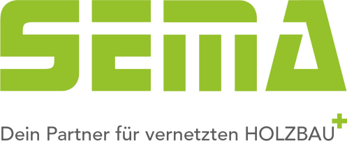 Grünes SEMA-Logo über dem deutschen Text Dein Partner für vernetzten HOLZBAU+ auf hellem Hintergrund.