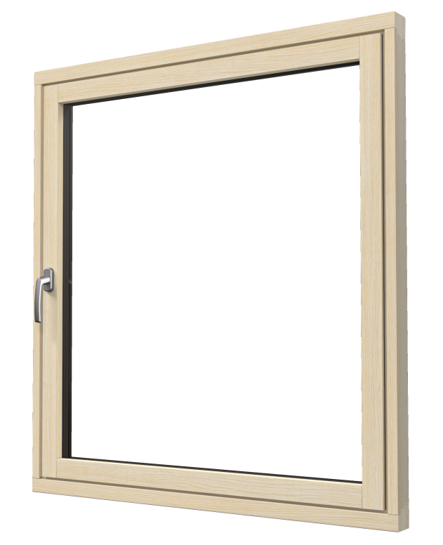 Ein holzgerahmtes Fenster mit einem Metallgriff auf der linken Seite, das leicht geöffnet vor einem schlichten weißen Hintergrund dargestellt ist.