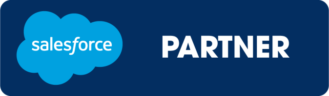 Salesforce-Partner-Badge mit dem Salesforce-Logo in Form einer blauen Wolke auf der linken Seite und dem Wort "PARTNER" in fetten weißen Buchstaben auf dunkelblauem Hintergrund auf der rechten Seite.