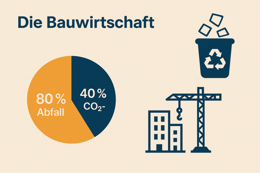 Infografik mit dem Titel "Die Bauwirtschaft", die ein Tortendiagramm zeigt, bei dem 80 % mit Abfall und 40 % mit CO₂- gekennzeichnet sind, neben einer Recycling-Tonne und Baustellensymbolen.