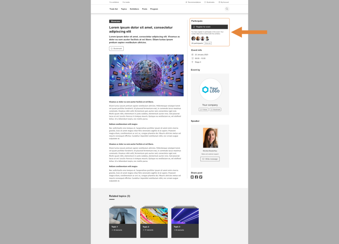 A webpage featuring an article with a header image of a digital globe surrounded by floating screens. An orange arrow points to a “Participants” section showing attendee icons and a button to register for the event.