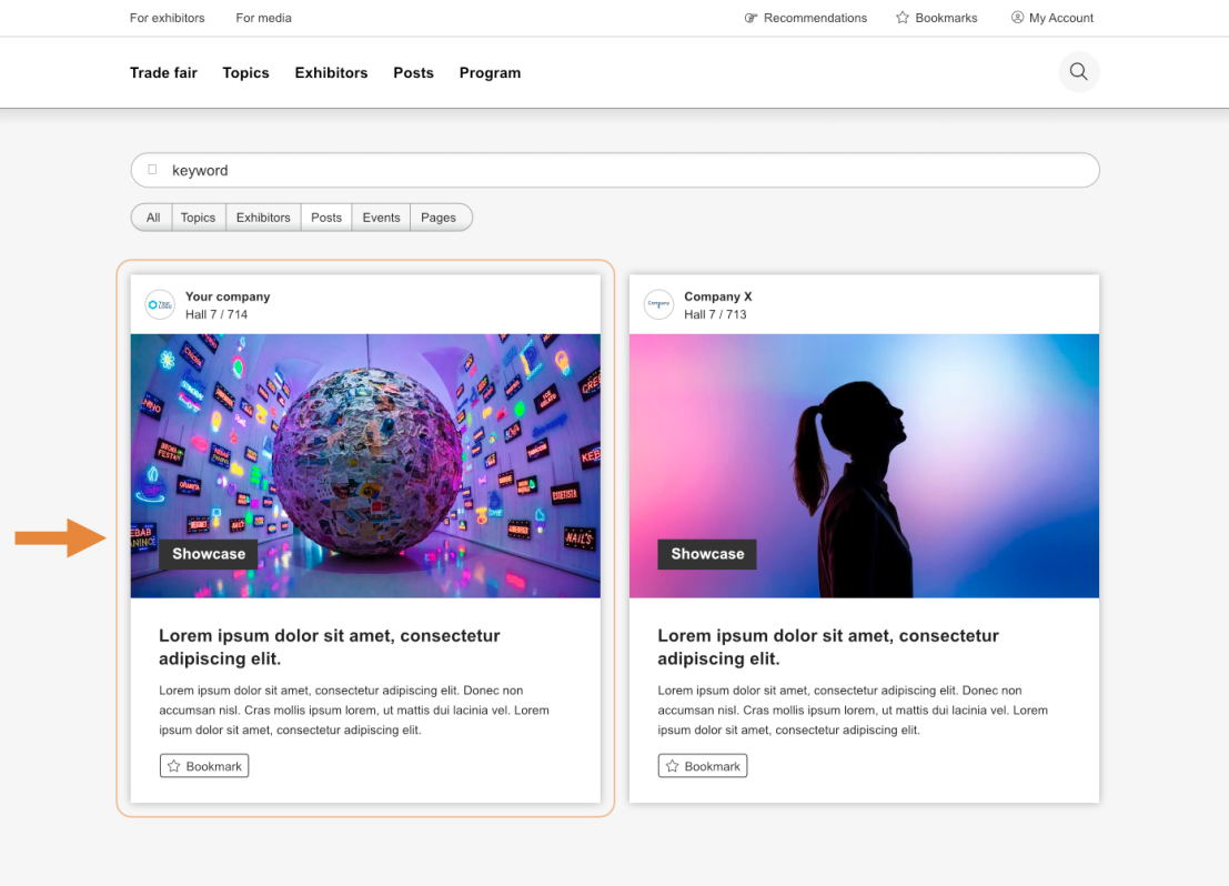 A web page displays exhibitor profiles. The first profile features a lit globe surrounded by digital screens and has an orange arrow pointing to it. The second profile shows a silhouette of a person against colorful lights.