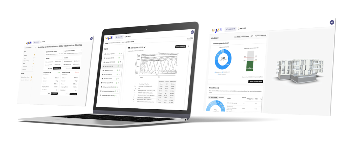 Ein Laptop, der Software-Dashboards mit Grafiken, Diagrammen, Tabellen und 3D-Modelldiagrammen anzeigt. Zwei weitere schwebende Bildschirme zeigen Schnittstellenelemente, Datenanalysen und Visualisierungen im Zusammenhang mit dem Gebäude- oder Energiemanagement.