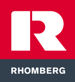 Logo avec une lettre R blanche en gras sur fond rouge au-dessus d'un rectangle gris foncé contenant le mot RHOMBERG en lettres majuscules blanches.