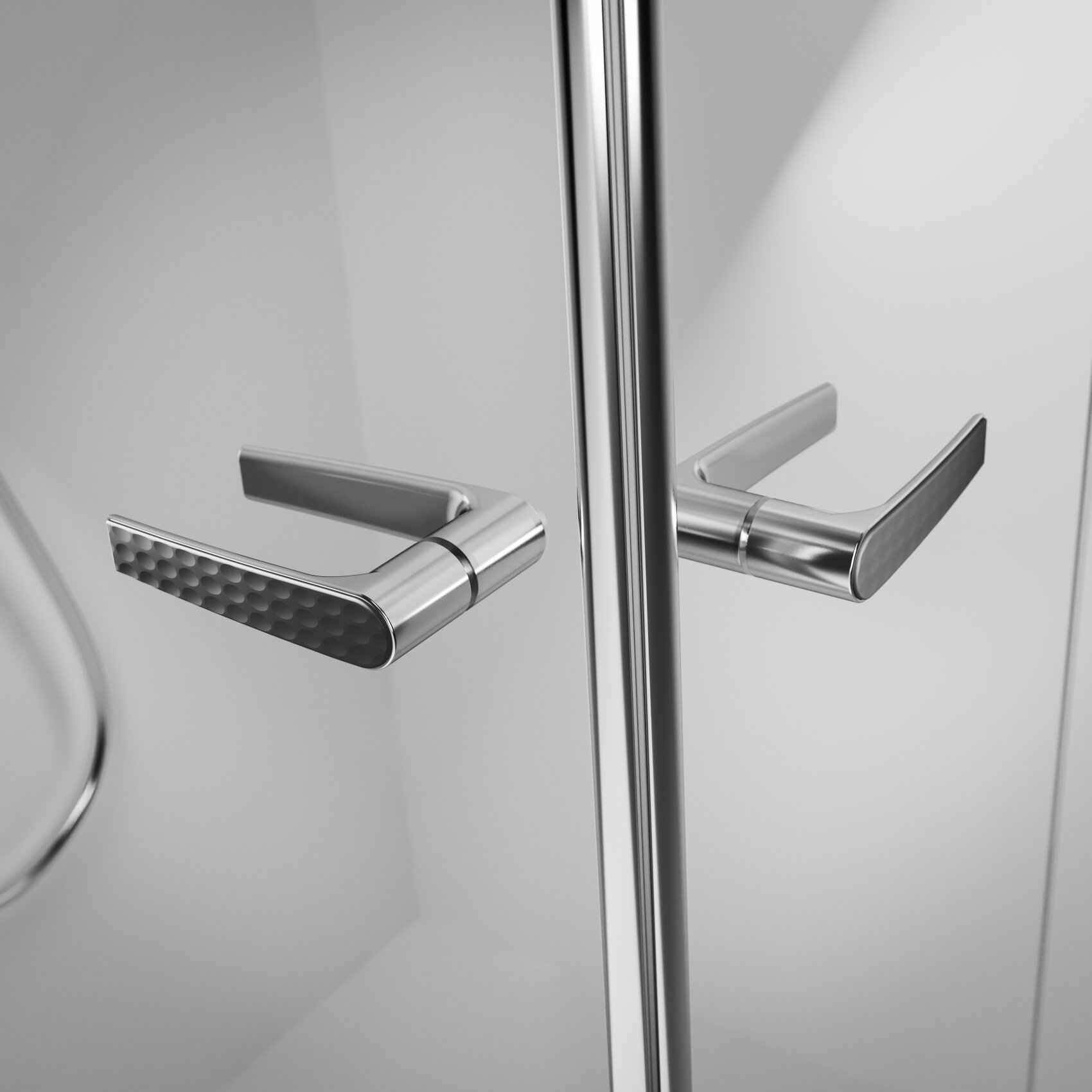 Gros plan d'une poignée de porte de douche moderne, métallique et texturée, se reflétant sur la surface en verre dans une salle de bains minimale aux couleurs claires.