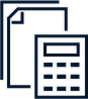 Symbole de deux documents qui se chevauchent derrière une calculatrice, représentant la comptabilité, les finances ou la paperasserie. Le design est simple avec des lignes grasses et sombres sur un fond clair.
